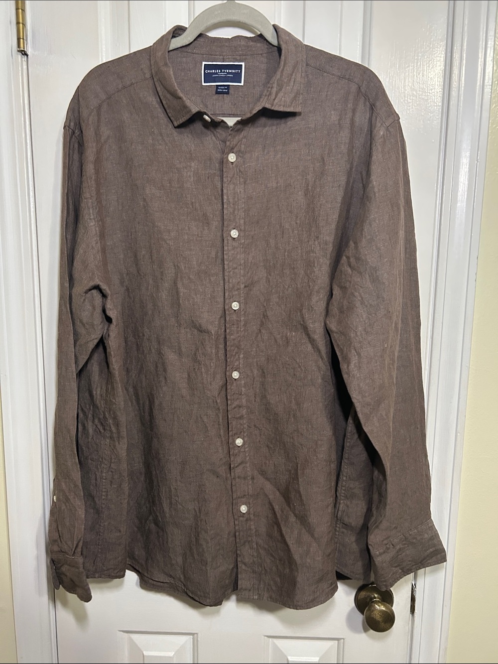 Charles Tyrwhitt Men's Brown Linen Button-Down Shirt, XL
